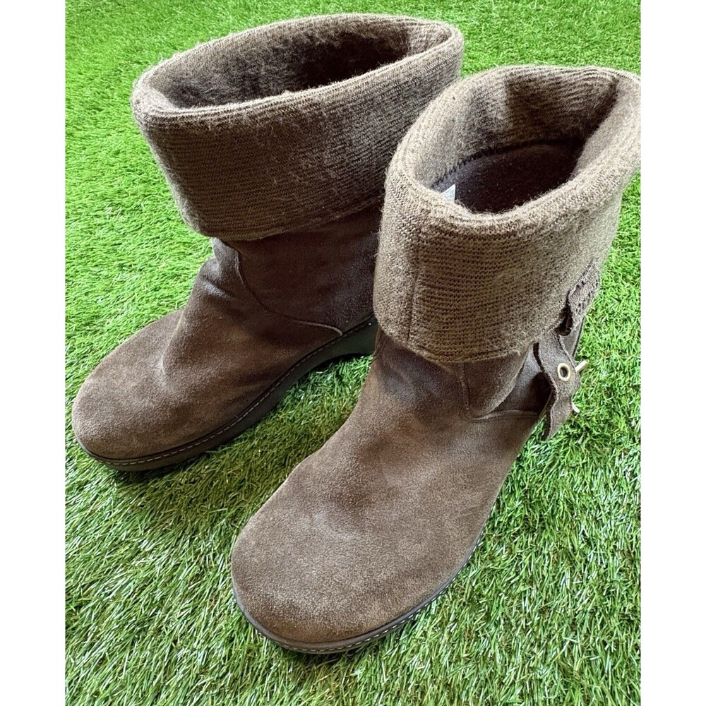 Crocs 11554 Cobbler Brown Leather Suede Fold Over Ankle Slip On Boots Women's 11